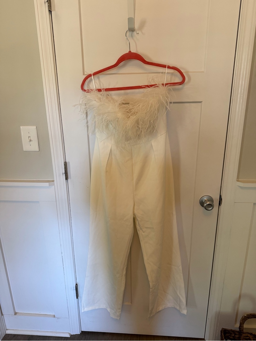 Altar'd State Ivory Feather-Trim Strapless Jumpsuit